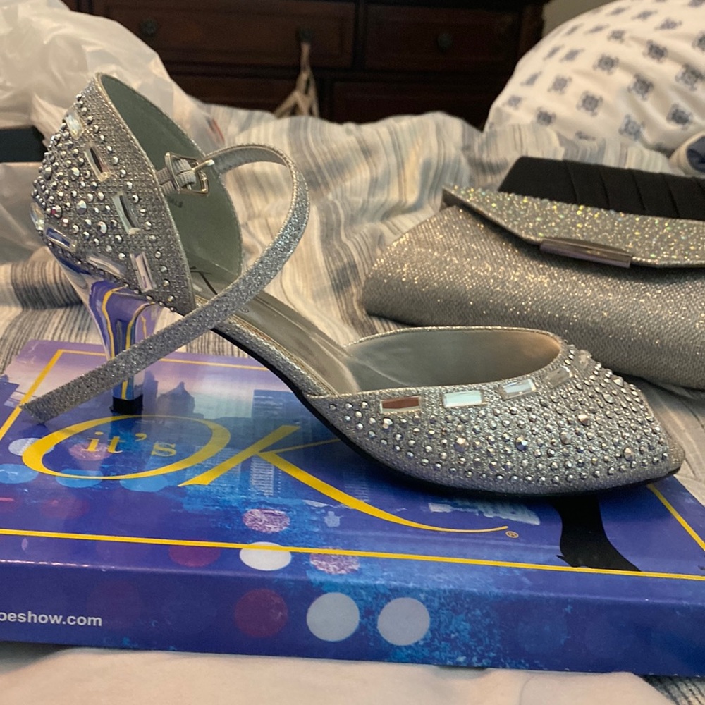 Silver beaded  peep toe heels